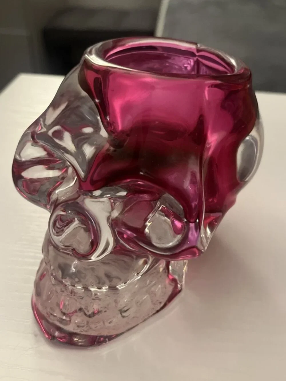 Pink & Clear Art Glass Skull Tealight Candle Holder Halloween 4” Tall